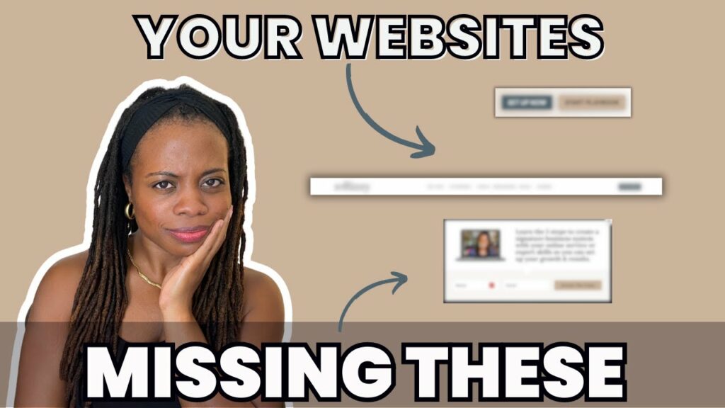 Beige youtube thumbnail with Rizzy from ByRizzy.com cut out with a confused look on her face and hand on one side of her cheek along with blurred out images of cta's, popup opt in, and navigation menu with blue arrows pointed towards them from the words your websites missing these. The youtube thumbnail is for the Business Website Optimization rate video